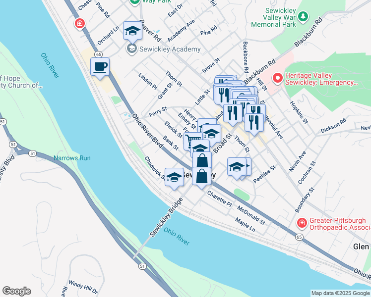 map of restaurants, bars, coffee shops, grocery stores, and more near 200 Walnut Street in Sewickley
