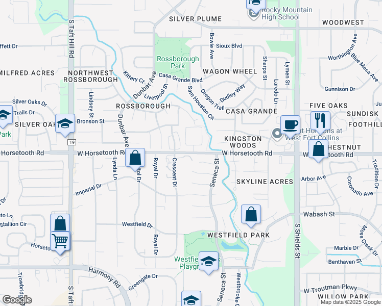 map of restaurants, bars, coffee shops, grocery stores, and more near 1550 County Road 40 in Fort Collins