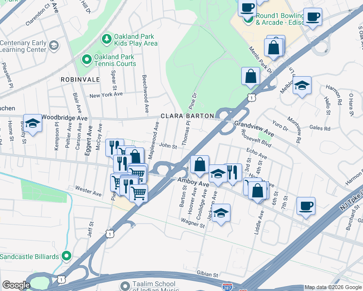 map of restaurants, bars, coffee shops, grocery stores, and more near 1361 U.S. 1 in Edison