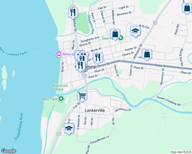 map of restaurants, bars, coffee shops, grocery stores, and more near 274 Pine Street in Millersburg