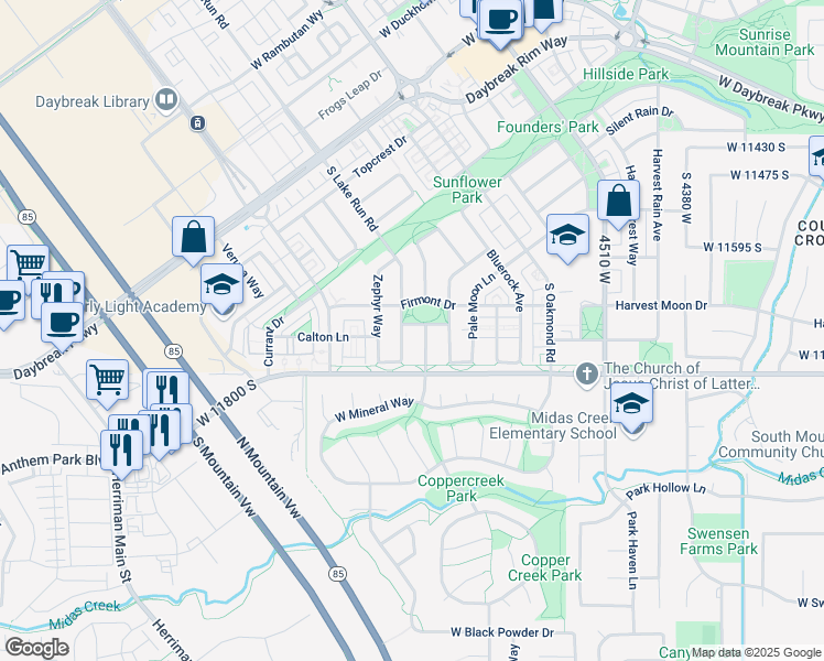 map of restaurants, bars, coffee shops, grocery stores, and more near 4821 Pine Canyon Lane in South Jordan