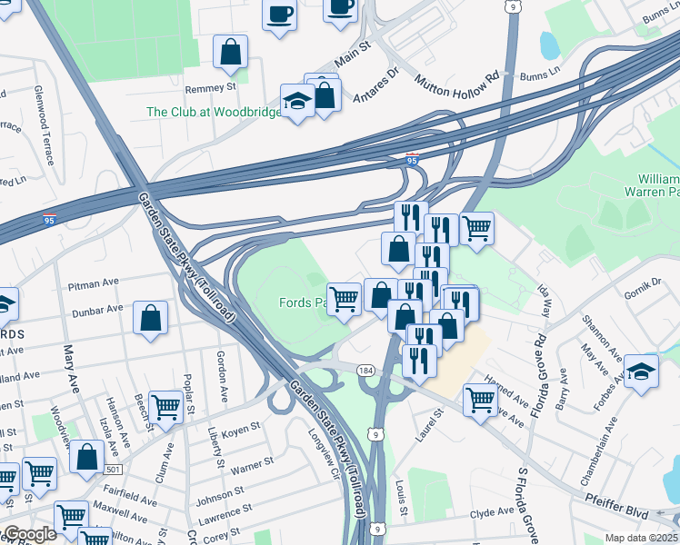 map of restaurants, bars, coffee shops, grocery stores, and more near 1 Hoover Way in Woodbridge Township