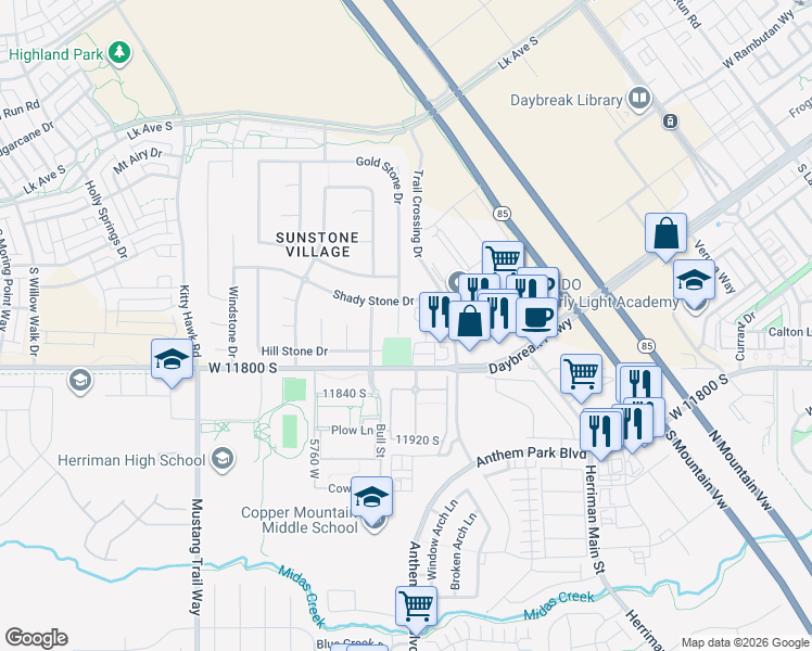 map of restaurants, bars, coffee shops, grocery stores, and more near 5596 11800 South in South Jordan