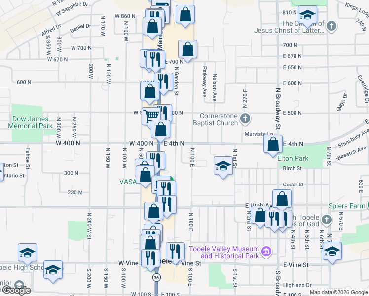 map of restaurants, bars, coffee shops, grocery stores, and more near 13 Park Avenue in Tooele