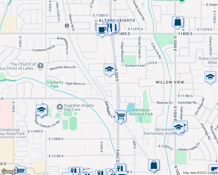map of restaurants, bars, coffee shops, grocery stores, and more near 652 East Harvest Bend Way in Draper