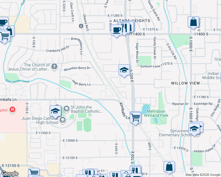 map of restaurants, bars, coffee shops, grocery stores, and more near 11737 South Nigel Peak Lane in Draper