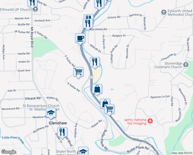 map of restaurants, bars, coffee shops, grocery stores, and more near 1700 William Flynn Highway in Glenshaw