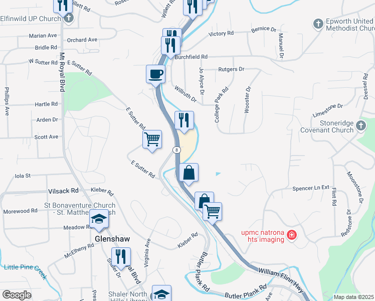 map of restaurants, bars, coffee shops, grocery stores, and more near 1700 William Flynn Highway in Glenshaw