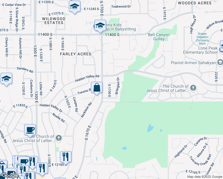 map of restaurants, bars, coffee shops, grocery stores, and more near 11694 Briarglen Lane East in Sandy