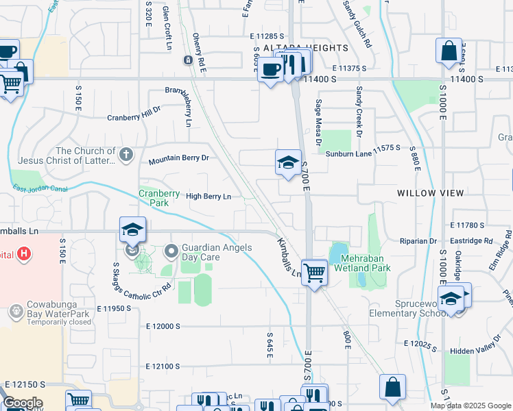 map of restaurants, bars, coffee shops, grocery stores, and more near 11737 South Nigel Peak Lane in Draper