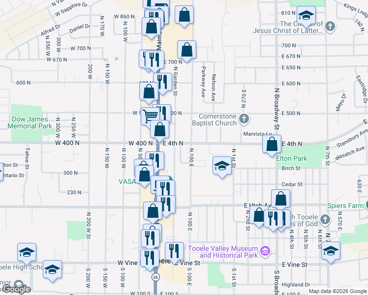 map of restaurants, bars, coffee shops, grocery stores, and more near 13 Park Avenue in Tooele