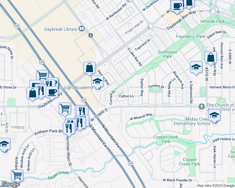 map of restaurants, bars, coffee shops, grocery stores, and more near 5016 Calton Lane in South Jordan
