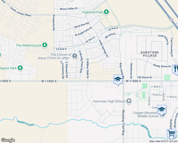 map of restaurants, bars, coffee shops, grocery stores, and more near 11727 South Willow Walk Drive in South Jordan