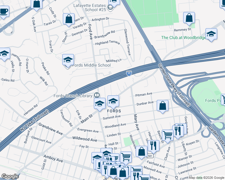 map of restaurants, bars, coffee shops, grocery stores, and more near 195 Cutter Avenue in Woodbridge Township
