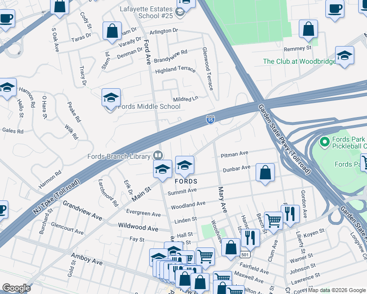 map of restaurants, bars, coffee shops, grocery stores, and more near 180 Cutter Avenue in Woodbridge Township