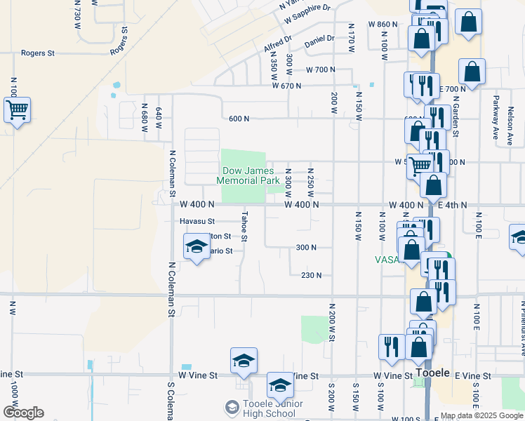 map of restaurants, bars, coffee shops, grocery stores, and more near 363 West 400 North in Tooele