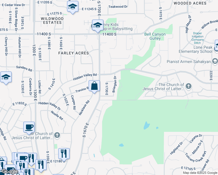 map of restaurants, bars, coffee shops, grocery stores, and more near 11694 Briarglen Lane East in Sandy
