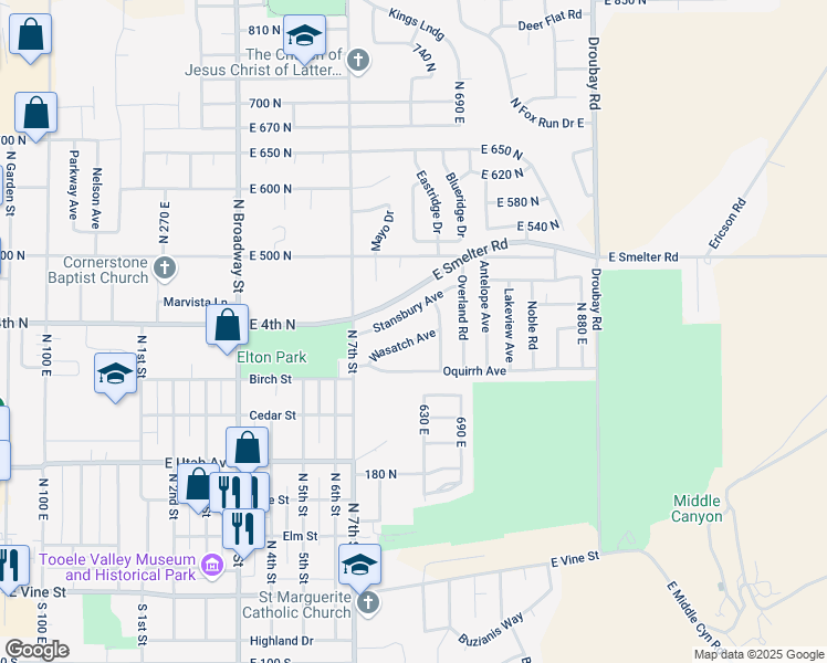 map of restaurants, bars, coffee shops, grocery stores, and more near 608 Stansbury Avenue in Tooele