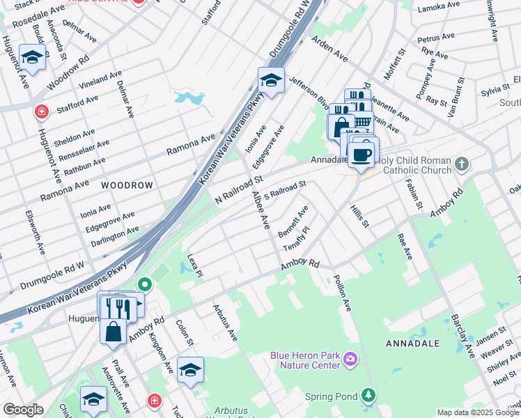 map of restaurants, bars, coffee shops, grocery stores, and more near 134 Albee Avenue in Staten Island