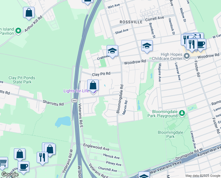 map of restaurants, bars, coffee shops, grocery stores, and more near 51 Sharrotts Lane in Staten Island