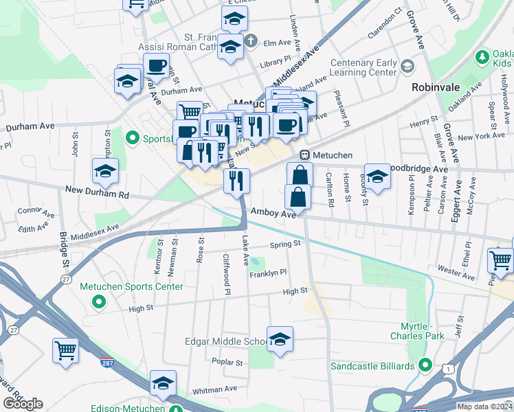 map of restaurants, bars, coffee shops, grocery stores, and more near 272 New Jersey 27 in Metuchen