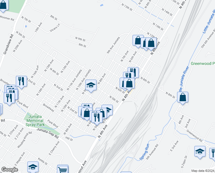 map of restaurants, bars, coffee shops, grocery stores, and more near 710 North 6th Street in Altoona