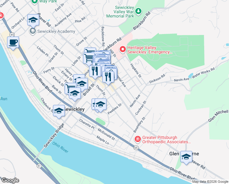 map of restaurants, bars, coffee shops, grocery stores, and more near 523 Straight Street in Sewickley