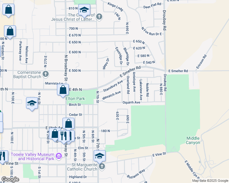 map of restaurants, bars, coffee shops, grocery stores, and more near 608 Stansbury Avenue in Tooele
