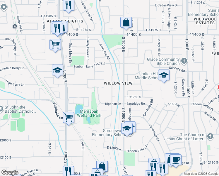 map of restaurants, bars, coffee shops, grocery stores, and more near 11726 Dry Creek Road in Sandy