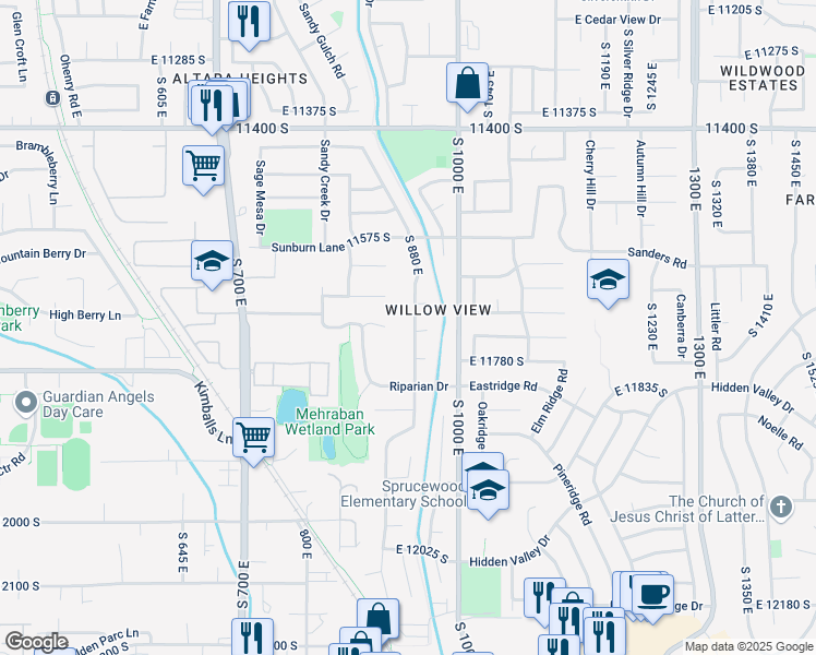 map of restaurants, bars, coffee shops, grocery stores, and more near 11726 East Dry Creek Road in Sandy