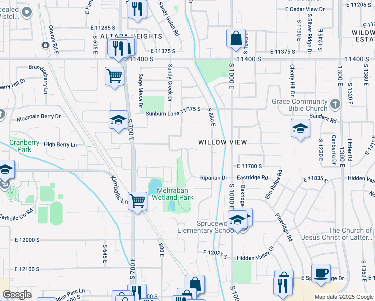 map of restaurants, bars, coffee shops, grocery stores, and more near 8858 South Willow Wood Drive in Draper