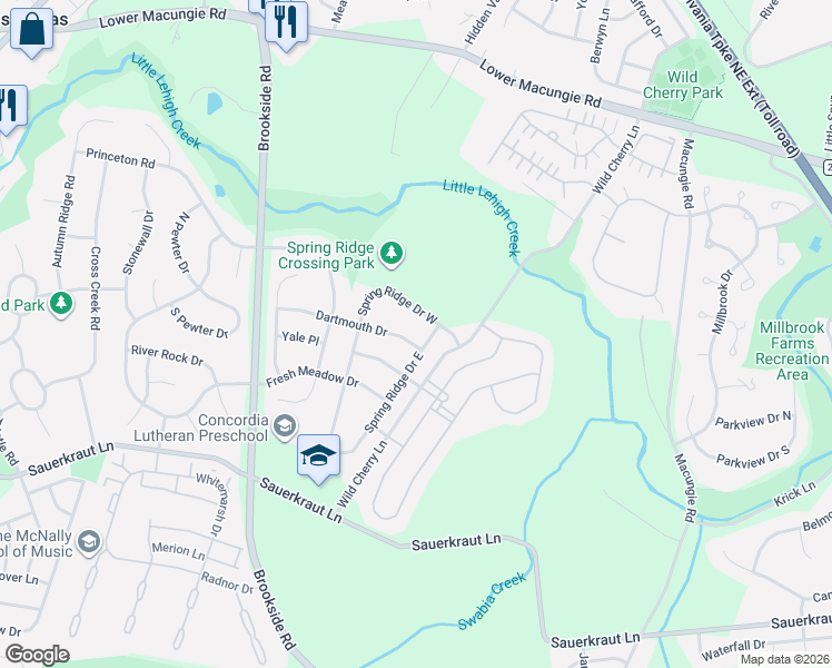 map of restaurants, bars, coffee shops, grocery stores, and more near 5631 Spring Ridge Drive West in Macungie