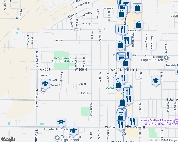 map of restaurants, bars, coffee shops, grocery stores, and more near 387 North 200 West in Tooele