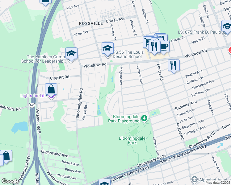 map of restaurants, bars, coffee shops, grocery stores, and more near 496 Maguire Avenue in Staten Island