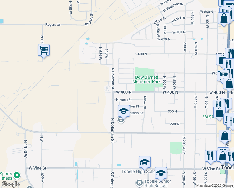map of restaurants, bars, coffee shops, grocery stores, and more near 591 West 400 North in Tooele
