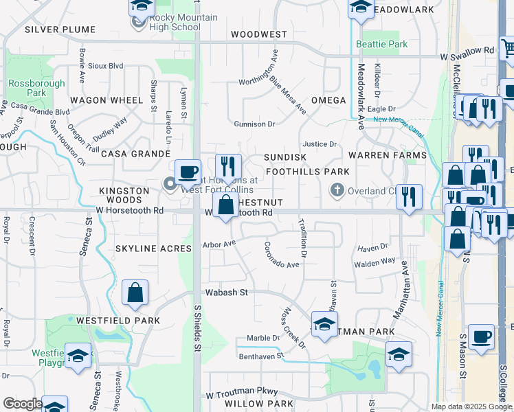 map of restaurants, bars, coffee shops, grocery stores, and more near 3565 Windmill Drive in Fort Collins