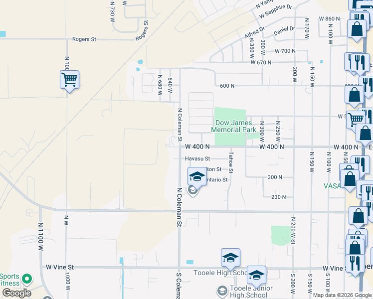 map of restaurants, bars, coffee shops, grocery stores, and more near 591 West 400 North in Tooele