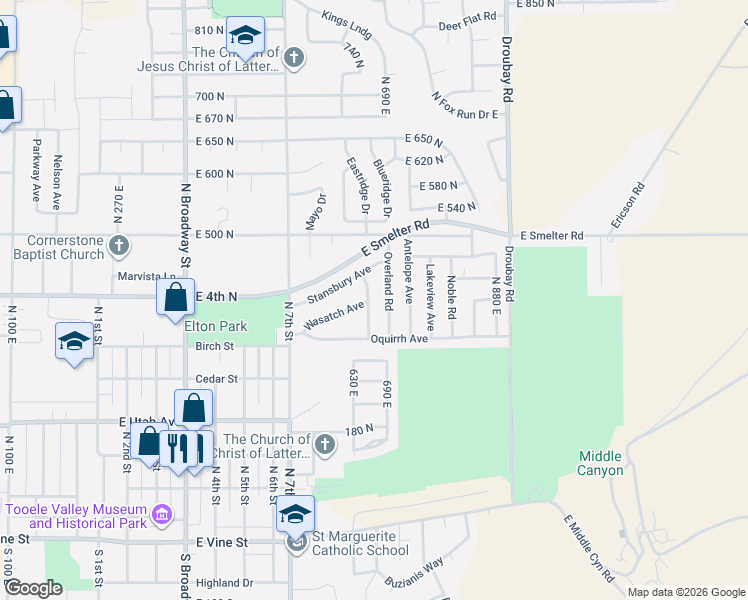 map of restaurants, bars, coffee shops, grocery stores, and more near 423 Overland Road in Tooele