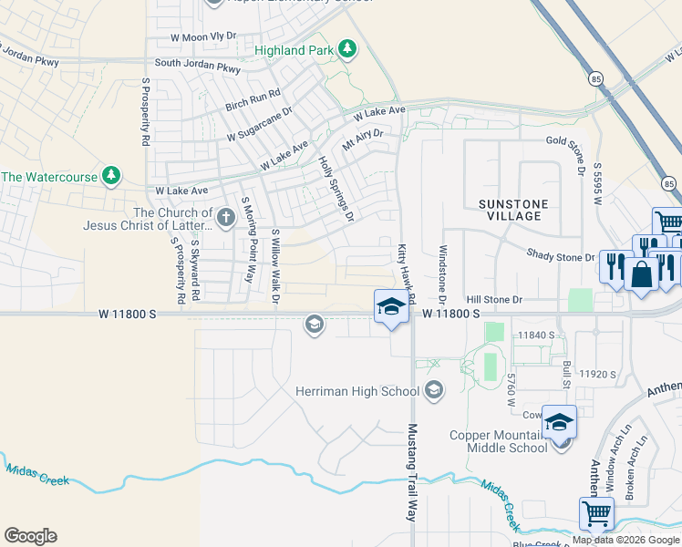 map of restaurants, bars, coffee shops, grocery stores, and more near 11721 South Gannett Way in South Jordan