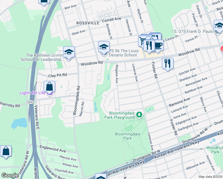 map of restaurants, bars, coffee shops, grocery stores, and more near 22 El Camino Loop in Staten Island