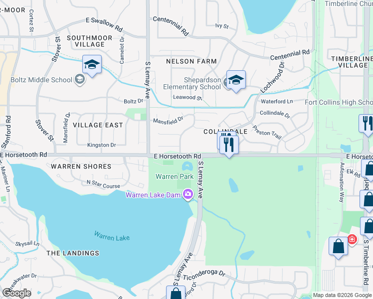 map of restaurants, bars, coffee shops, grocery stores, and more near in Fort Collins
