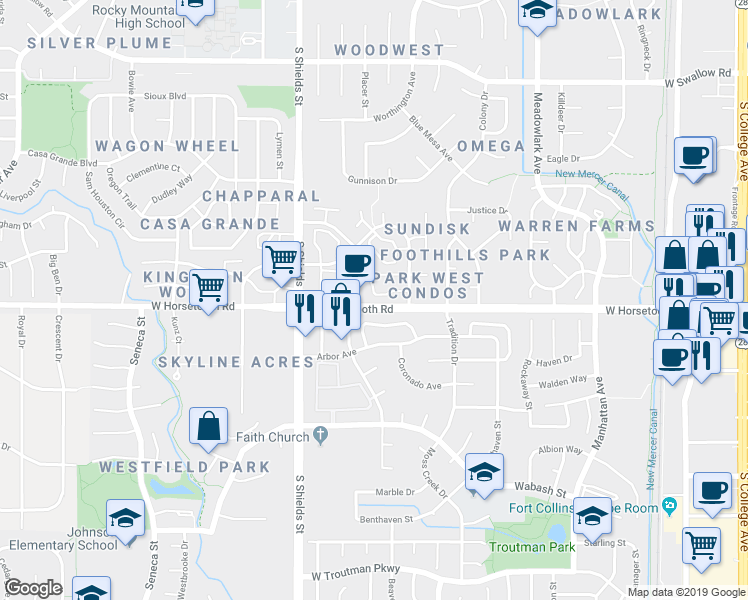 map of restaurants, bars, coffee shops, grocery stores, and more near 3565 Windmill Drive in Fort Collins