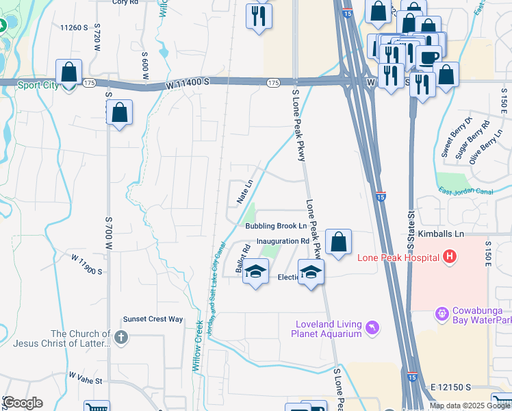 map of restaurants, bars, coffee shops, grocery stores, and more near 11683 Nate Lane in Draper