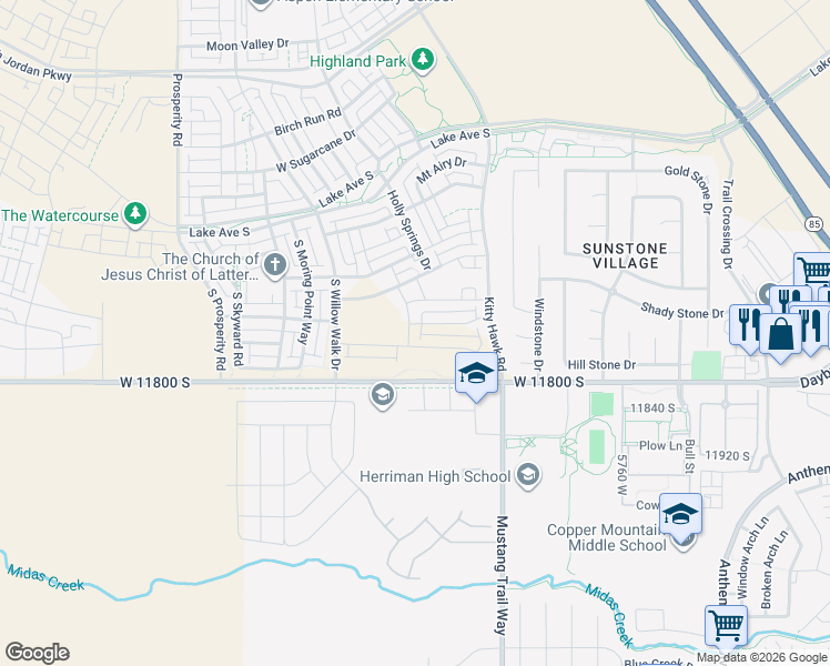 map of restaurants, bars, coffee shops, grocery stores, and more near 6192 Myers Lane in South Jordan