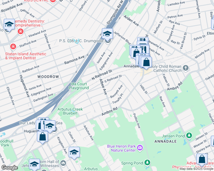 map of restaurants, bars, coffee shops, grocery stores, and more near 145 South Railroad Street in Staten Island