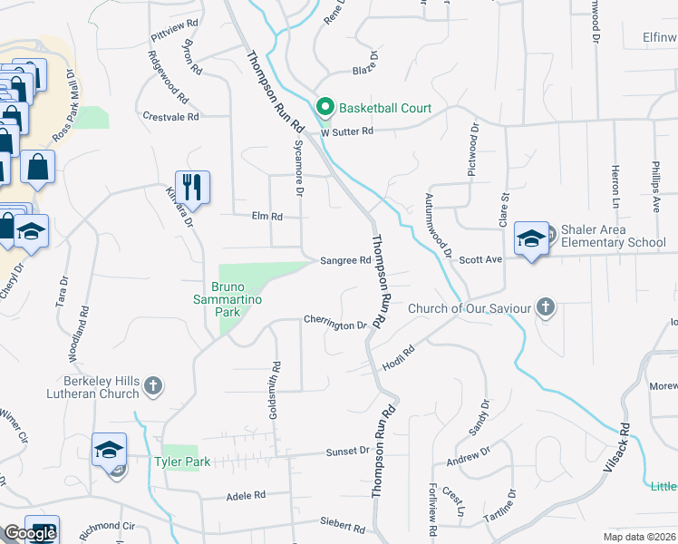 map of restaurants, bars, coffee shops, grocery stores, and more near 596 Sangree Road in Pittsburgh