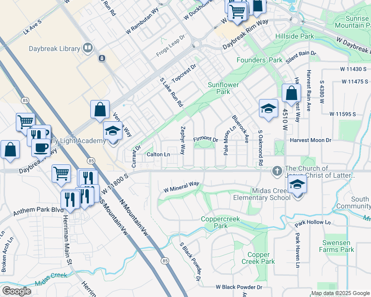 map of restaurants, bars, coffee shops, grocery stores, and more near 11719 Zephyr Way in South Jordan