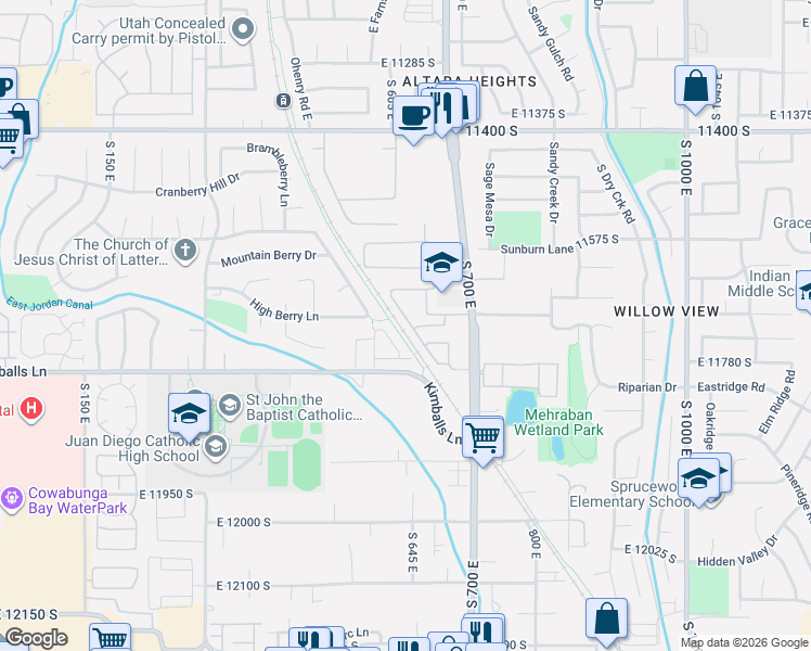map of restaurants, bars, coffee shops, grocery stores, and more near 11730 South Shadow Bend Lane in Riverton