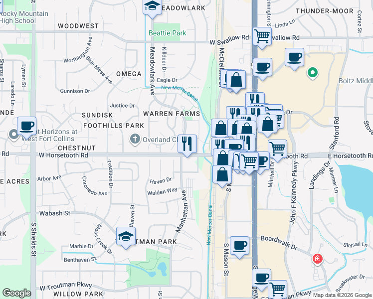 map of restaurants, bars, coffee shops, grocery stores, and more near 339 Riva Ridge Drive in Fort Collins
