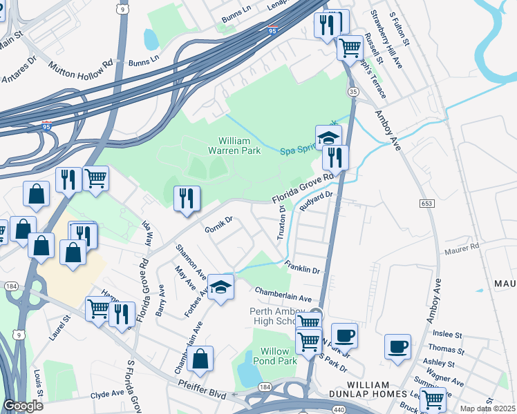map of restaurants, bars, coffee shops, grocery stores, and more near 736 Franklin Drive in Perth Amboy